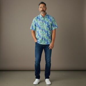 BARABAS Mens Blue Green Floral Short Sleeve Button Up Shirt Size Large